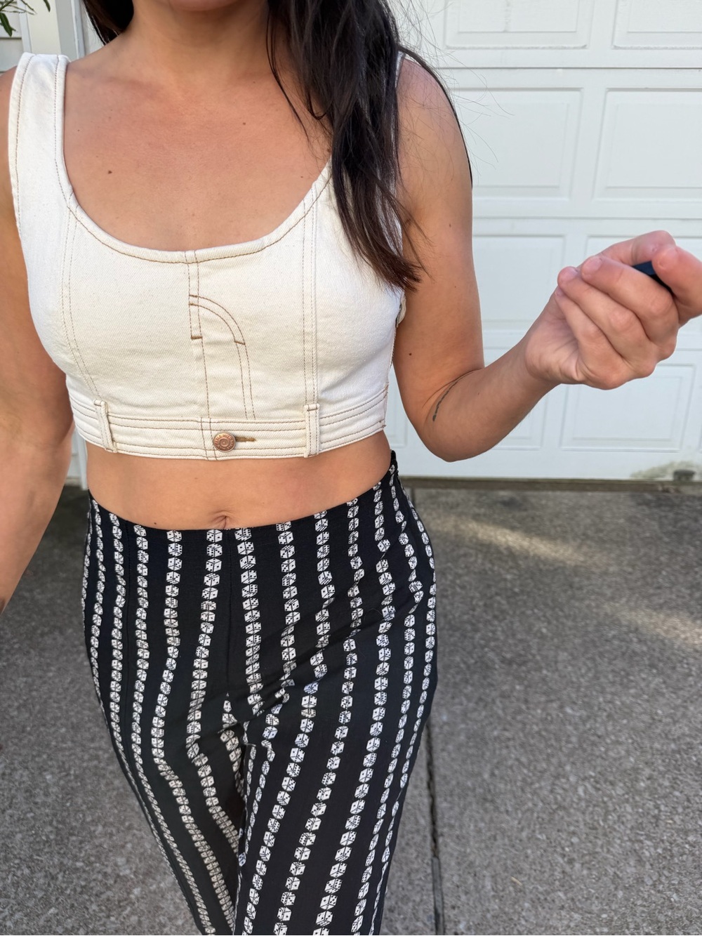 White denim jean cropped top with zipper